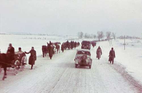 Hungarian military column move in snow.