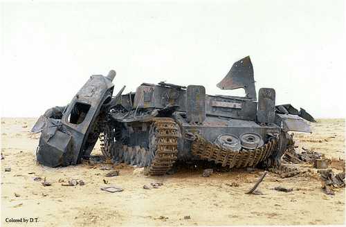 Panzer destroyed in desert.