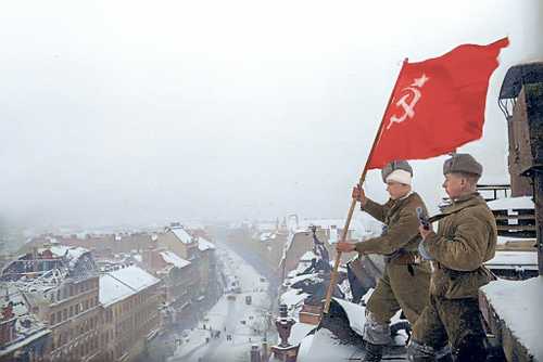 Red victory banner over Budapest 