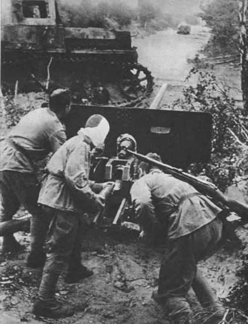 Soviet anti-tank gun in action