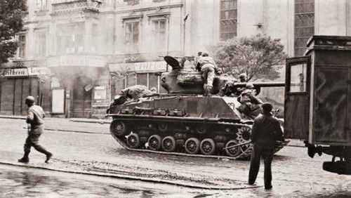 A Sherman tank in a Czech city