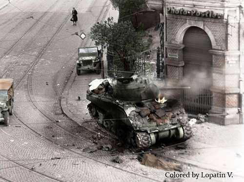 Destroyed Sherman tank.