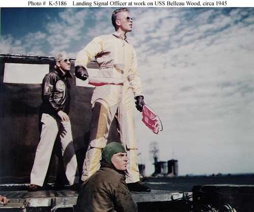 Landing Signal Officer at work on USS Belleau Wood