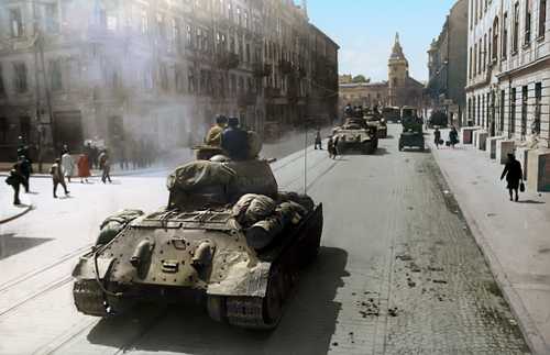 Soviet T-34 tanks on the streets of Lvov, 1944