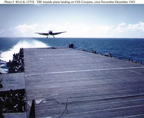 TBF torpedo plane landing on uSS Cowpens