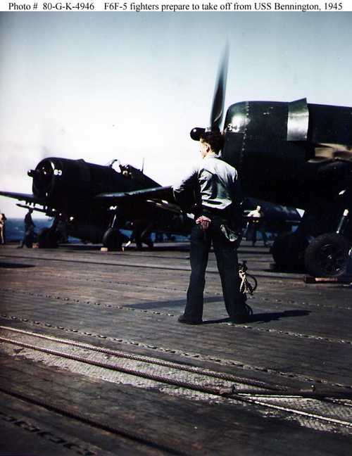 F6F-5 Fighters prepare to take off from USS Bennington