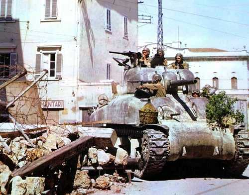Tank on a ruined street