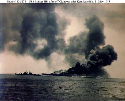 USS Bunker Hill afire off Okinawa, after Kamikaze hits