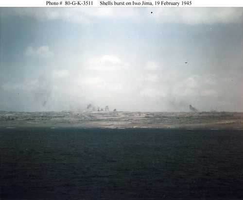 Shells burst on Iwo Jima
