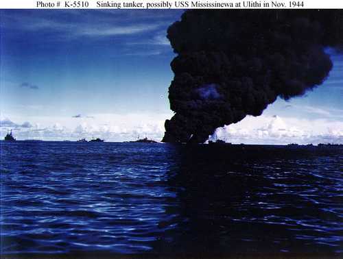 Sinking tanker, possibly USS Mississinewa at Ulithi