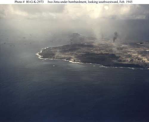 Iwo Jima under bombardment, looking southwestward