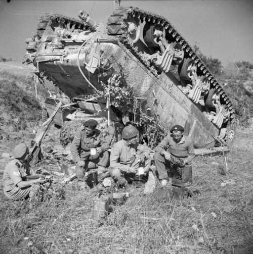 Upended Sherman tank