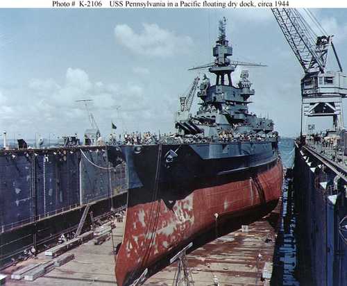USS Pennsylvania in a Pacific floating dry dock, circa