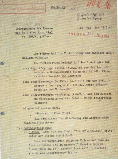 Hitler's Orders for the Invasion of England