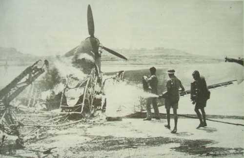 Hurricane on fire Malta 1942