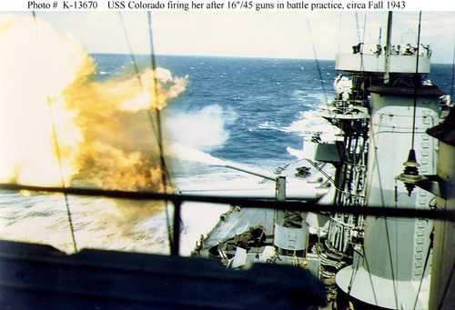 USS Colorado firing her after 16&quot;/45 guns in battle practice