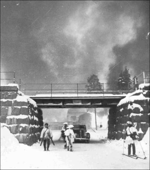 Soldiers leaving a town