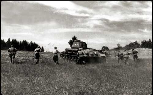 Attack of Soviet tanks and infantry