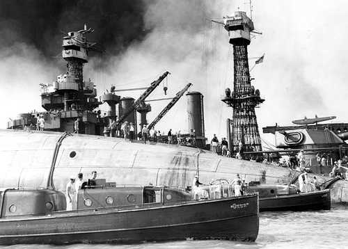 Men working on capsized USS Oklahoma