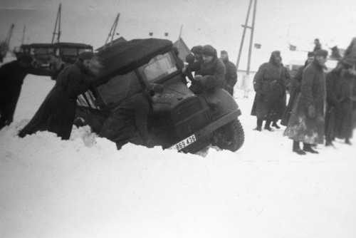 Bogged down in the snow . 
