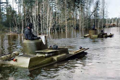 Red Army amphibious tanks crossing the river