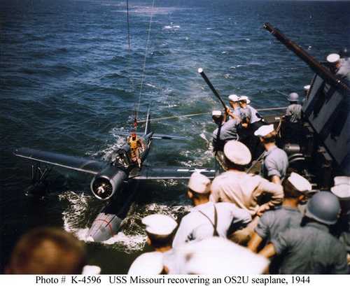 USS Missouri recovering an OS2U Seaplane