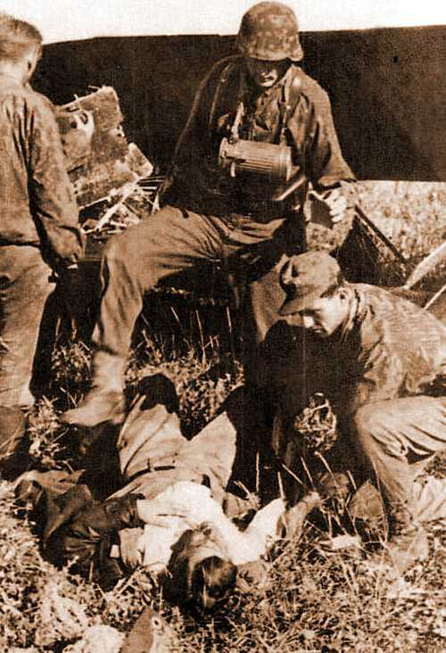 Waffen-SS soldiers with wounded soviet pilot