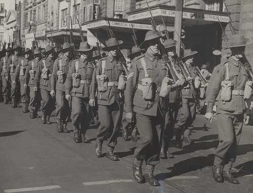Australian soldiers march during World War II