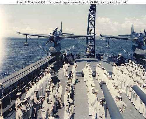 Personnel inpsection on board USS Biloxi