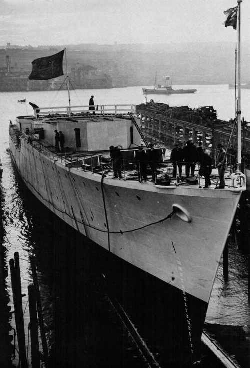 HMCS Athabaskan slides down the ways