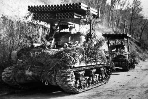 A sherman tank with rocket tubes 