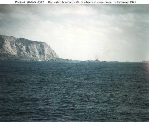 Battleship bombards Mt.  Suribachi at close range