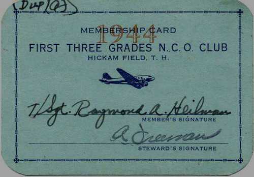 NCO Club Card for my father at Hickam Hawaii