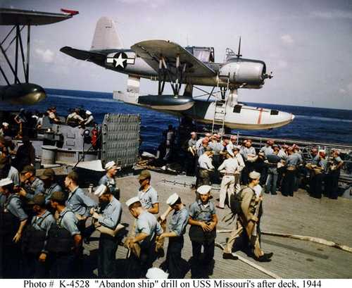 &quot;Abandon Ship&quot; drill on USS Missouri's after deck