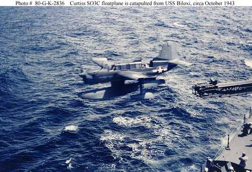 Curtiss SO3C floatplane is catapulted from USS Biloxi