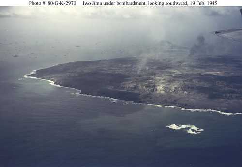Iwo Jima under bombardment, looking southward