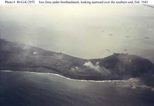 Iwo Jima under bombardment, looking eastward over the souther end