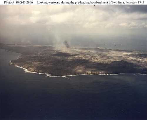 Looking westward during the pre-landing bombardment of Iwo Jima
