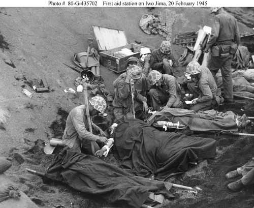 Marine aid on Iwo Jima