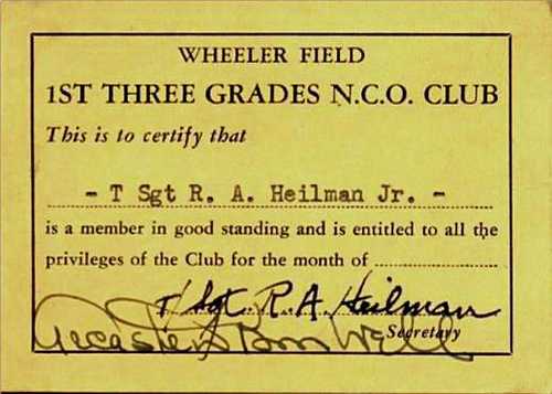 NCO Club Card for Wheeler Field Hawaii