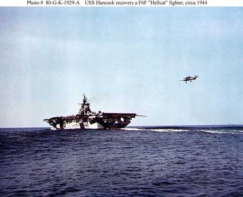 USS Hancock recovers a  F6F &quot;Hellcat&quot; fighter