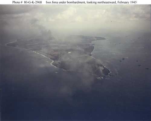 Iwo Jima under bomabardment, looking northeastward