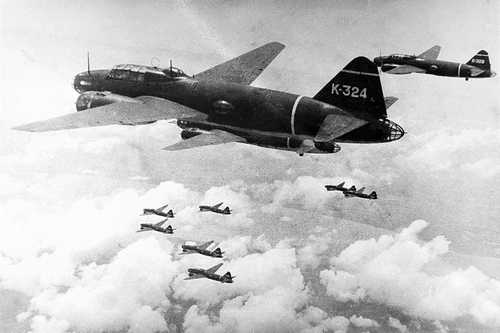 Mitsubishi bombers flying in formation