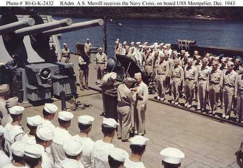 RAdm. A.S. Merril receives Navy Cross, on board USS Montpelier