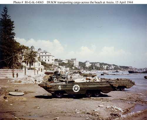 DUKW Transporting cargo across the beach at Anzio