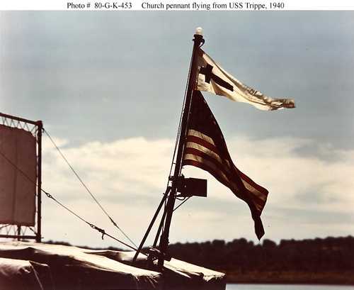 Church Pennant flying from USS Trippe