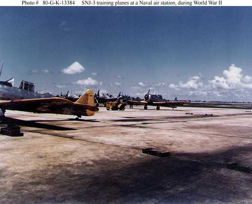 SNJ-3 training planes at a Naval air station, during World War II