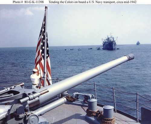 Tending the Colors on board a U.S. Navy Transport