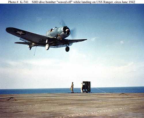 SBD Dive bomber &quot;waved off&quot; while landing on USS Ranger
