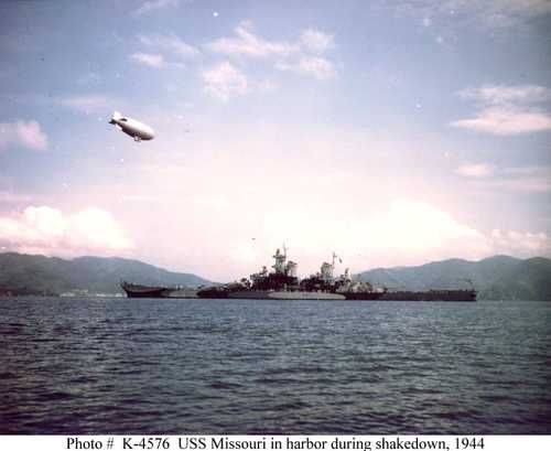 USS Missouri in harbor during shakedown